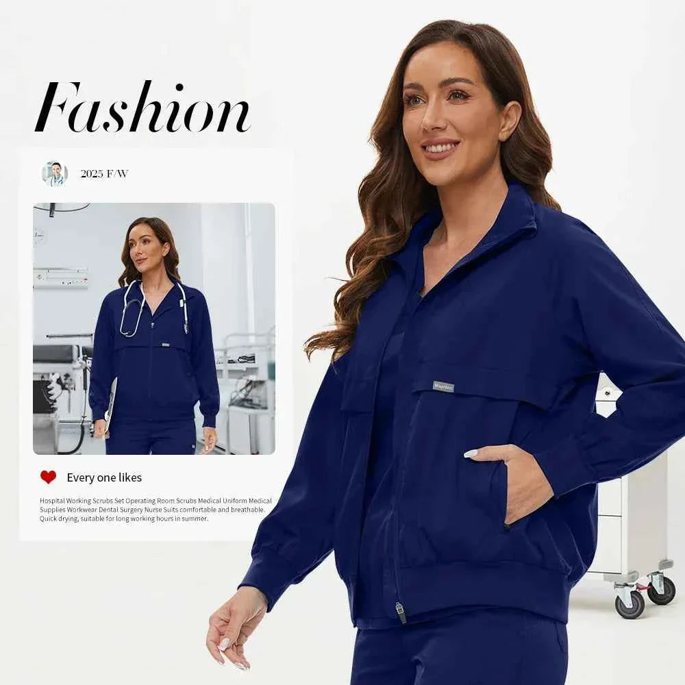 Niaahinn Long Sleeve Nursing Scrubs Jacket — Zip-Up Uniform for Nurses, Pharmacists & Healthcare Pros