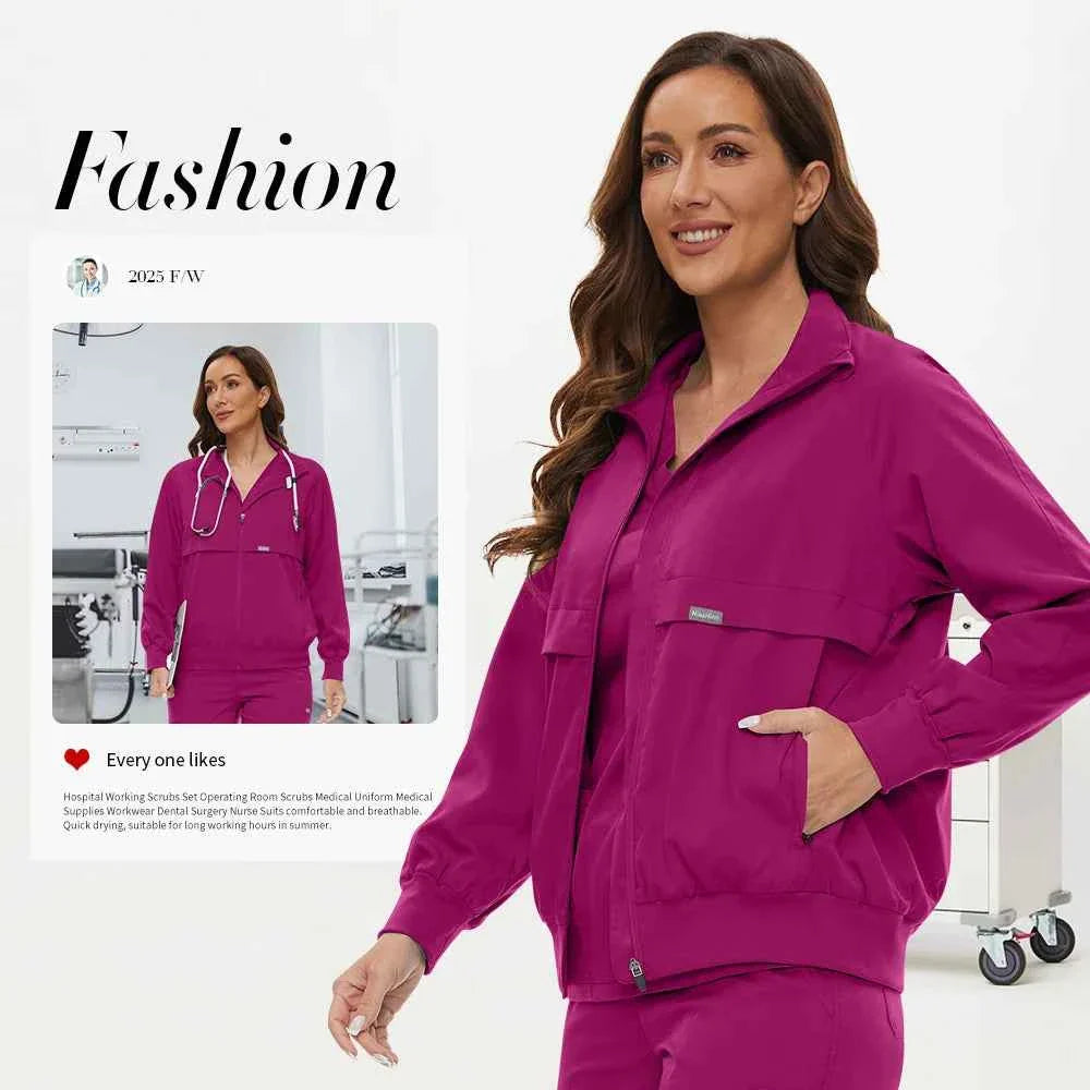 Niaahinn Long Sleeve Nursing Scrubs Jacket — Zip-Up Uniform for Nurses, Pharmacists & Healthcare Pros