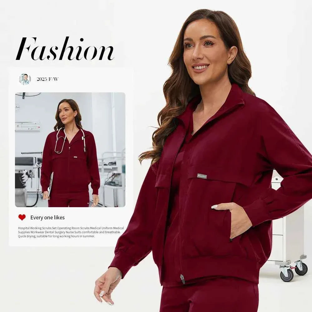 Niaahinn Long Sleeve Nursing Scrubs Jacket — Zip-Up Uniform for Nurses, Pharmacists & Healthcare Pros