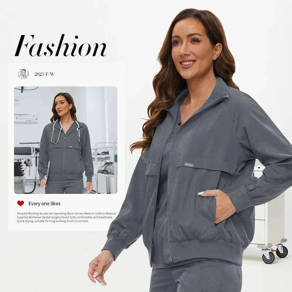 Niaahinn Long Sleeve Nursing Scrubs Jacket — Zip-Up Uniform for Nurses, Pharmacists & Healthcare Pros